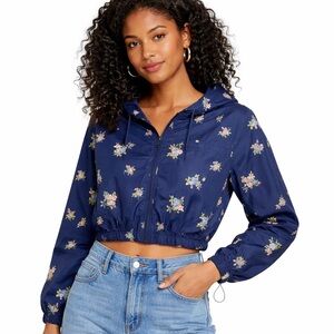Cropped Windbreaker Jacket Size Medium Cinch Hem Hooded Navy with Floral Pattern